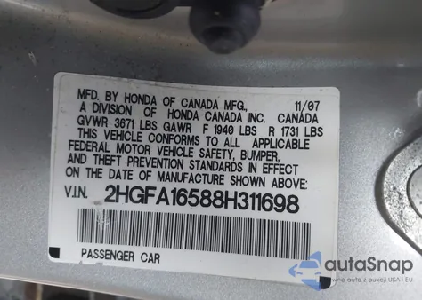 2008 Honda Civic Lx z USA, uszkodzony, nr VIN 2HGFA16588H311698